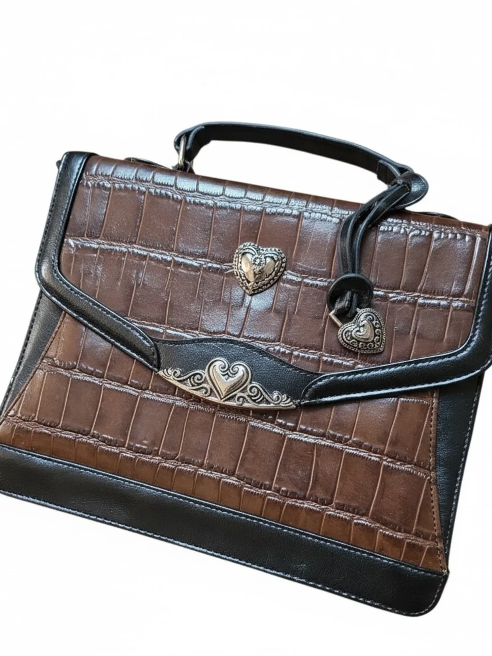 BRIGHTON | Vintage Brown & Black Croc Embossed Western Inspired Leather Satchel